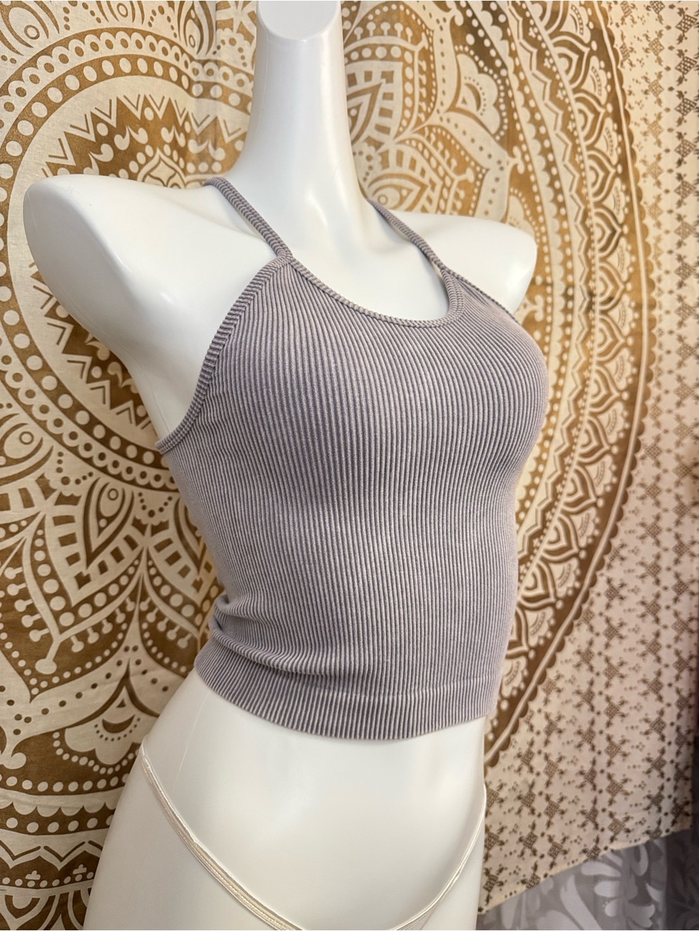 Ribbed Lavender Gray Halter Tank Top - Women